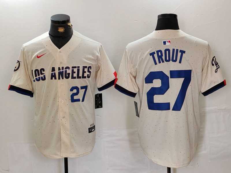 Mens Los Angeles Dodgers #27 Mike Trout Number Cream 2024 City Connect Limited Stitched Jersey